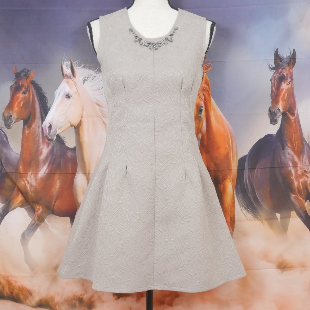 dina be Taupe Jeweled Neck Sleeveless Floral Embossed Size Small Retro Dress - Picture 1 of 10